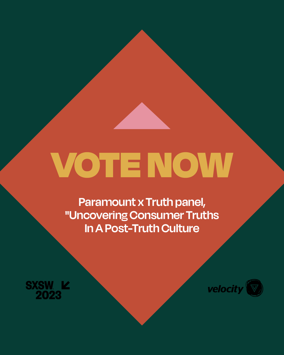 Pick <a href="/paramountco/">Paramount</a>  x <a href="/truthorange/">truth</a>'s panel. 🗳️

Each vote brings us closer to
presenting at the <a href="/sxsw/">SXSW</a> festival next March!
#KnowYourVelocity #WeAreParamount #BrandedContent #CreativeAgency
#CreativeContent #SXSW

panelpicker.sxsw.com/vote/130824