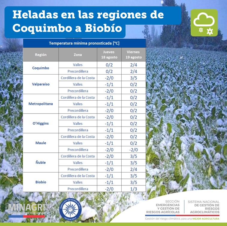 Heladas en las regiones de Coquimbo a Biobío
<a href="/AgroClimaticoCL/">Portal Agroclimático</a> <a href="/MinagriCL/">Ministerio de Agricultura de Chile 🇨🇱</a> <a href="/Agromet_RAN/">Agromet</a> <a href="/meteochile_dmc/">MeteoChile</a>