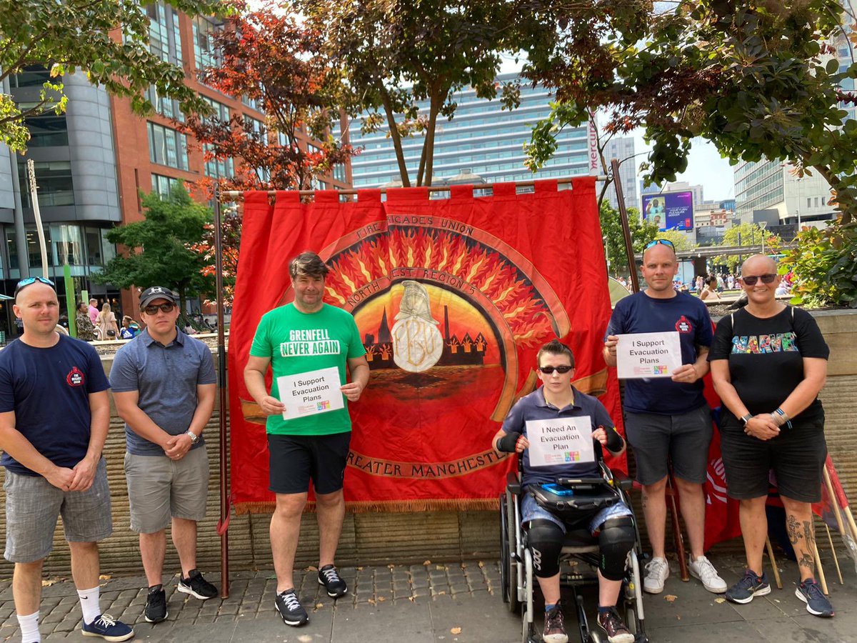 LifeBuildings's tweet photo. @FBUManchester showing solidarity with disabled people and equality in fire safety. @LucyMPowell @AndyBurnhamGM @Claddag #EvacPlansNow #NotJustWheelchairs https://t.co/1yJw4cp1cY