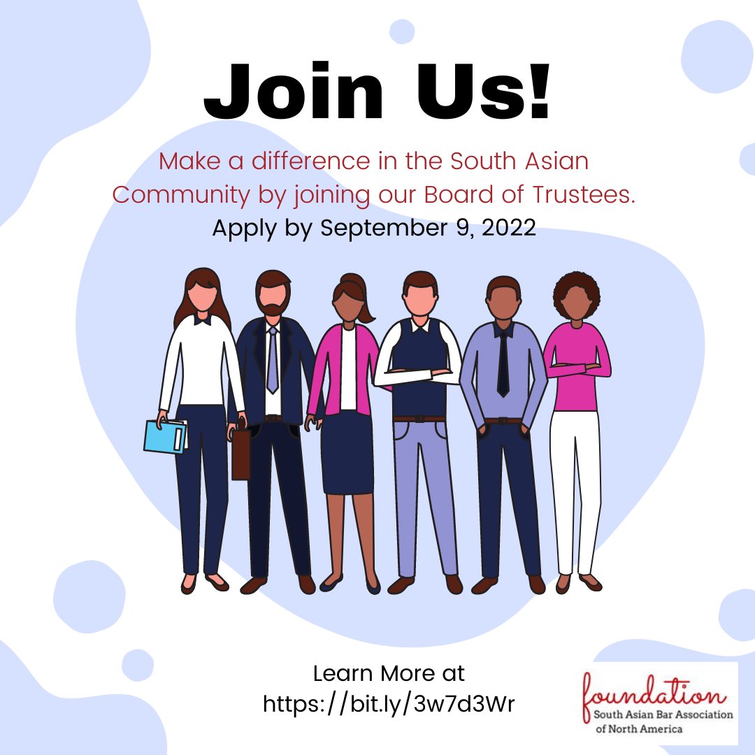 SABALegalFDN's tweet photo. If you want to help ensure and expand access to justice for millions of South Asians across North America, join our Board of Trustees! We're taking applications until Sept. 9, 2022. https://t.co/GjOdk9kRfa https://t.co/ZBixUPH78d