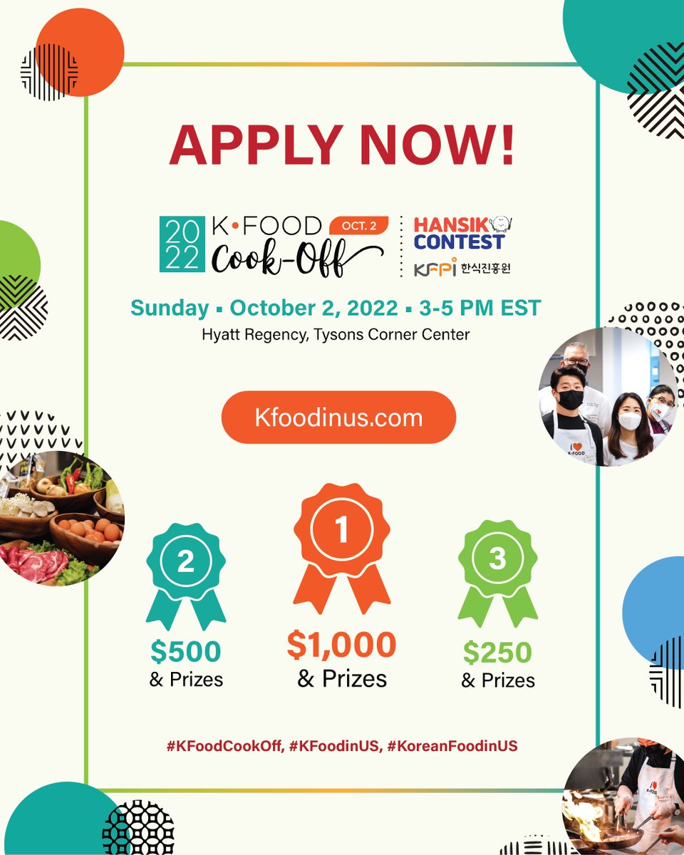 Calling all K-Food Enthusiasts and Culinary Students!! Enter to compete at the 2022 K-Food Cook-Off!! 5 Contestants will be selected to create a kimchi-inspired Korean dish to celebrate the passing of Kimchi Day!
Submit your application today: kfoodinus.com
