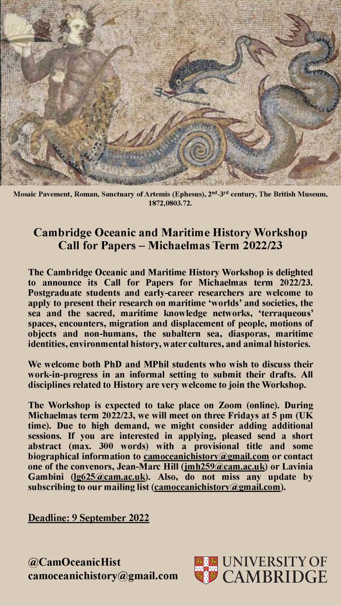 🗣️CFP: Thrilled to be back for 2022/23 with our new Call for Papers for Michaelmas Term.

If you're a PG/ECR working in fields related to Oceanic History, come and present your research with us in an informal and welcoming environment (online). 

Deadline: September 9th
👇