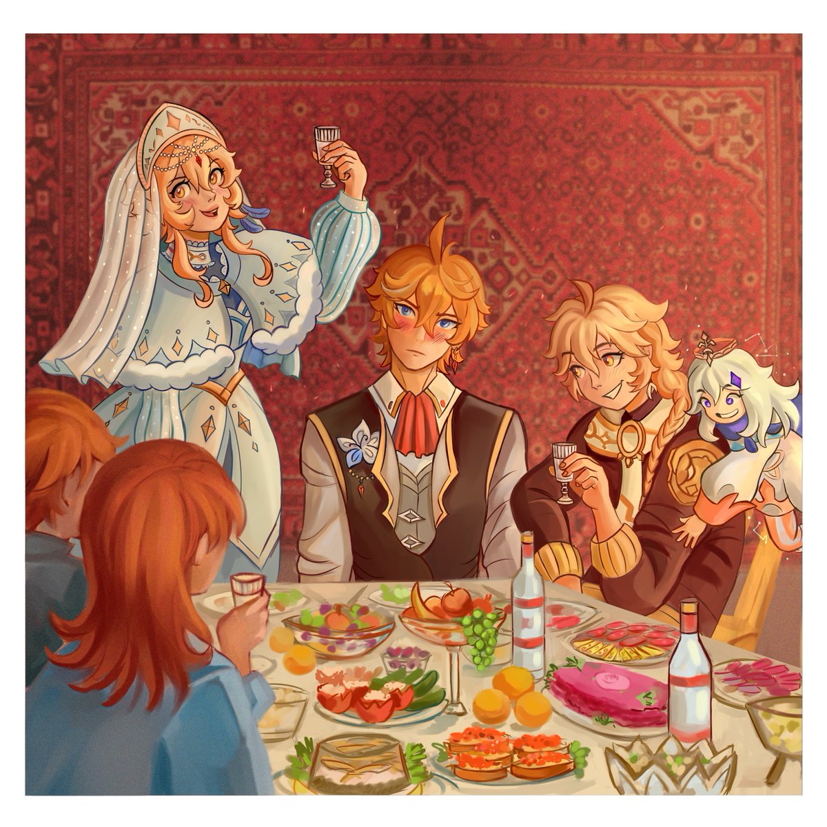 bartolomaei's tweet photo. Day 7 - Firewater
What’s a wedding in Snezhnaya without firewater?

That was one of the happiest days of Ajax's life, it's just Lumine began her toast with the story of how she kicked his ass at the golden house 
#LumichiWeek2022 #lumichi https://t.co/gMYld5ZCI8