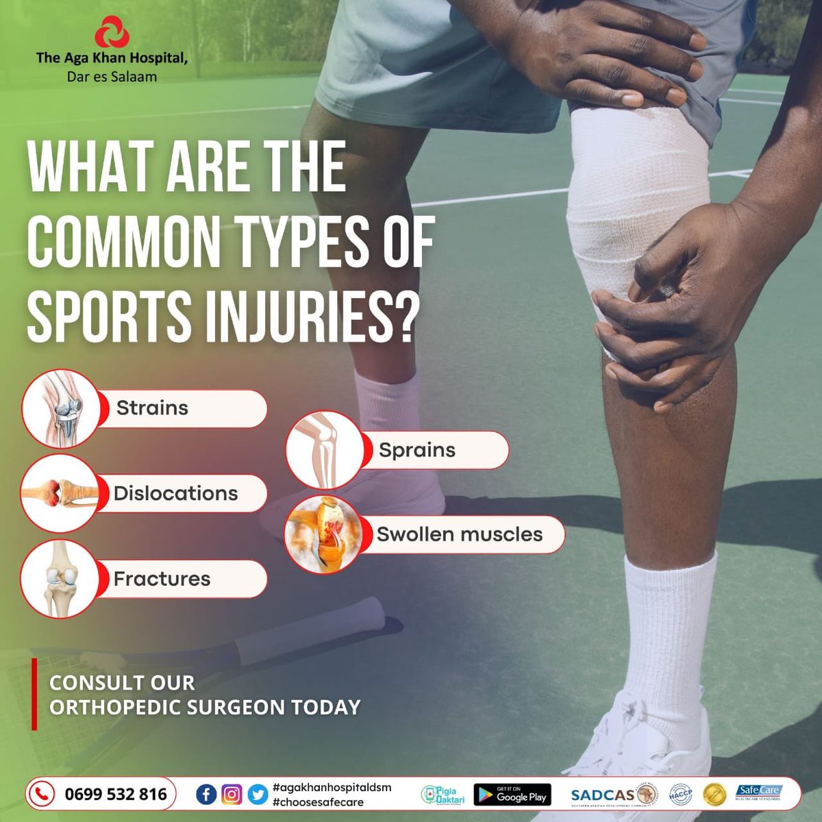 akhstanzania's tweet photo. Do you know these common types of #sportsinjuries? Consult our #Orthopedic surgeon today via 0699 532 816.
#agakhanhospitaldsm #orthopedic #sportsinjury #excessiveexercise #kneepain #kneesurgery #arthoscopy #torncartilage #kneereplacementdiscount #physicaltherapy #tanzania https://t.co/o5sdOCbrHk