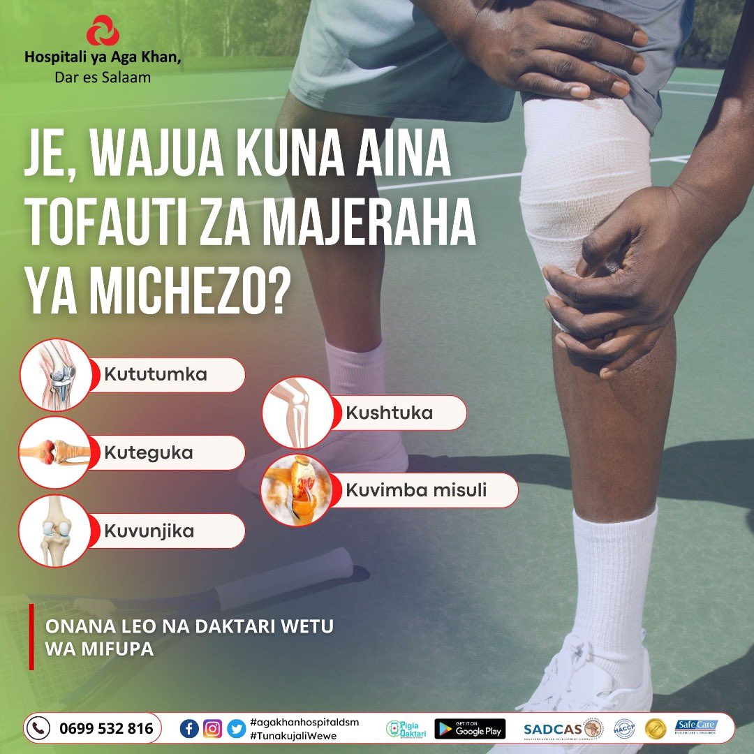 akhstanzania's tweet photo. Do you know these common types of #sportsinjuries? Consult our #Orthopedic surgeon today via 0699 532 816.
#agakhanhospitaldsm #orthopedic #sportsinjury #excessiveexercise #kneepain #kneesurgery #arthoscopy #torncartilage #kneereplacementdiscount #physicaltherapy #tanzania https://t.co/o5sdOCbrHk