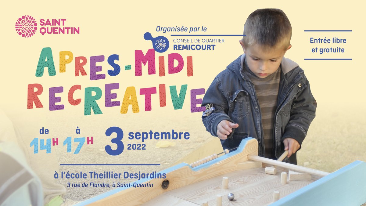 a_saint_quentin's tweet photo. #ANIMATIONS | Profitez de moments de partage en venant vous amuser lors de l'après-midi récréatif organisé le 3/09 de 14h à 17h à école Theillier Desjardins 🥳
De nombreuses #activités vous attendent 👉 #jeux picards, pêche aux canards, structure gonflable, coloriages 🤗 https://t.co/N1X3IiLMNU