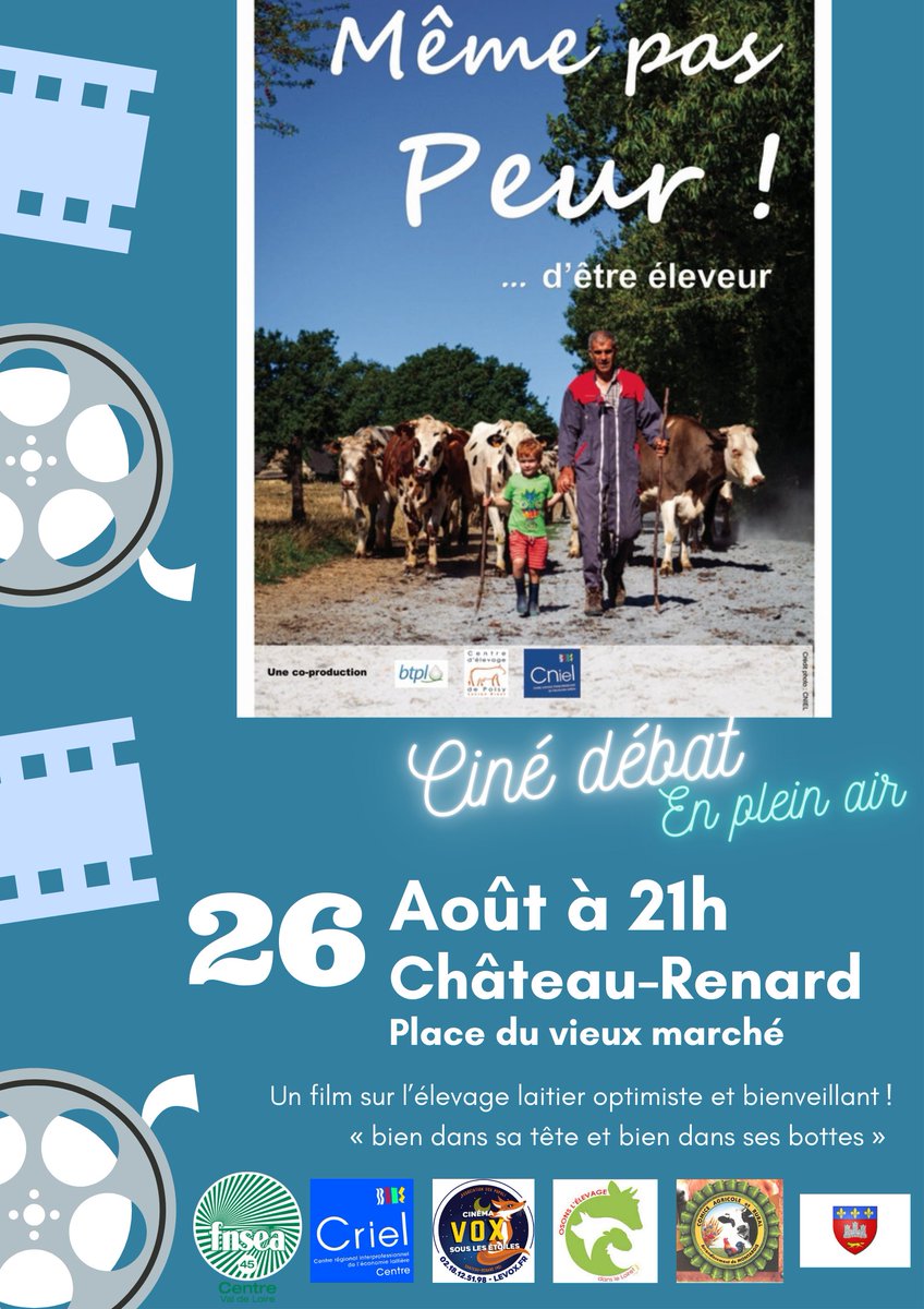 fnsea45's tweet photo. Tous à vos agendas 🗓️! La @fnsea45 organise avec @CrielCentre une projection 📽️en plein air du film "Même pas peur d'être éleveur" 😀🐄🚜 ➡️ rdv le 26 août à Château-Renard pour (re)découvrir le métier d’#éleveur "laitier avec vérité, optimisme et transparence ! https://t.co/Ap3OehCBPZ