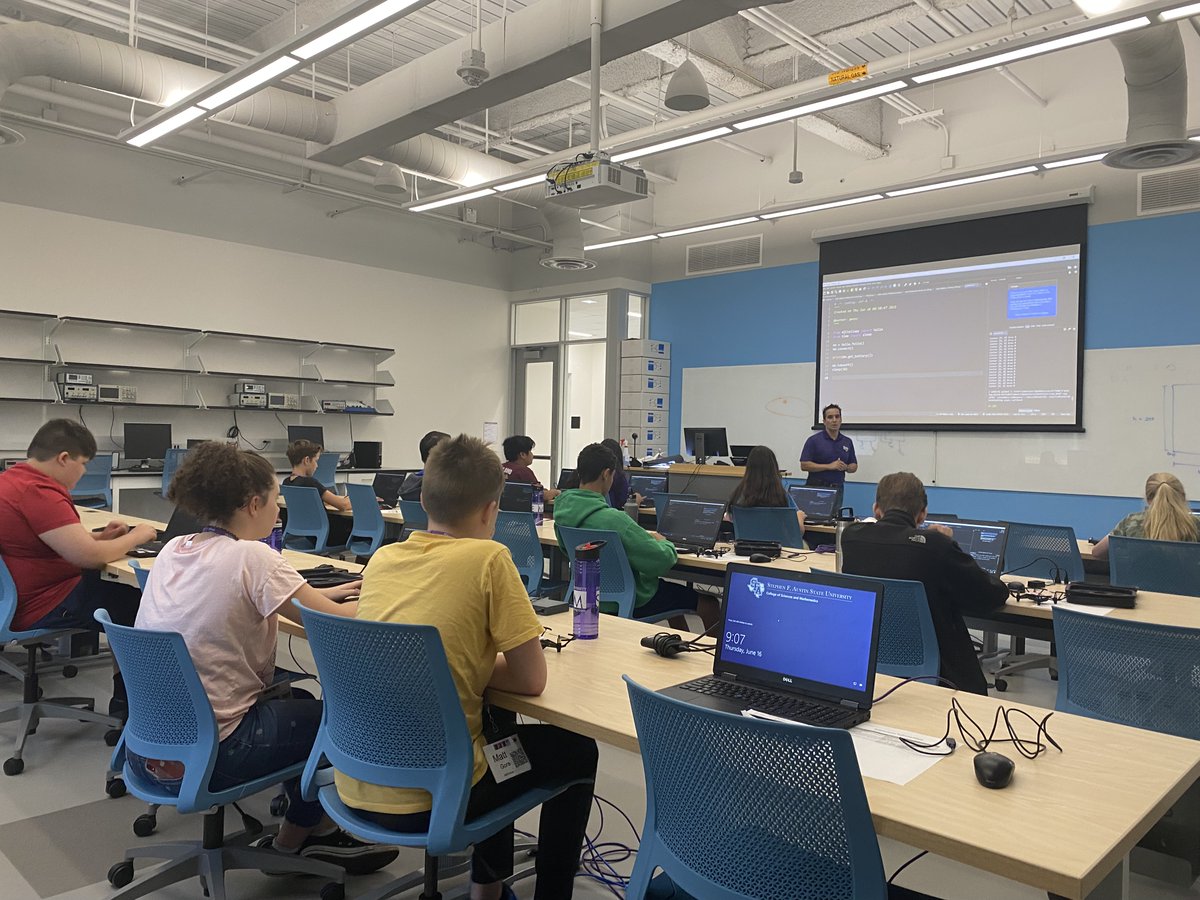 SFASTEMcenter's tweet photo. iMAS Day Camp - Drones - Red Group. The campers learned how to fly Tello quadcopters along with terminology related to flight. The students then programmed them to accomplish tasks such as following a path and color tracking.

#SFASU #STEM #Drones #Programming #ColeSTEMBuilding https://t.co/6B5YAoLrF6