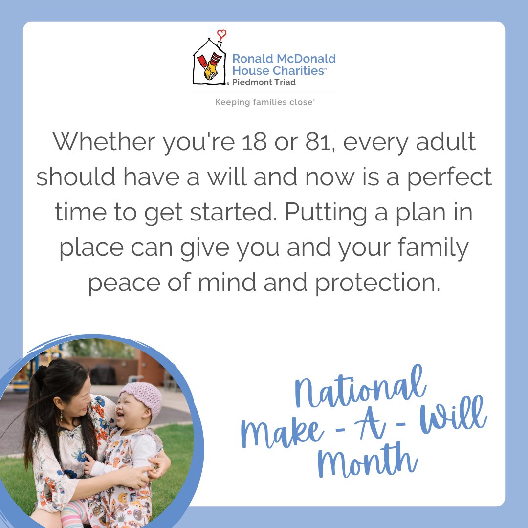 Haven’t gotten around to making your will yet? #MakeAWillMonth is a great time to get started!

Please consider including RMHCPT in your plans to help secure our work for years to come and create a legacy that is close to your heart. #KeepingFamiliesClose #CommunityThatCares