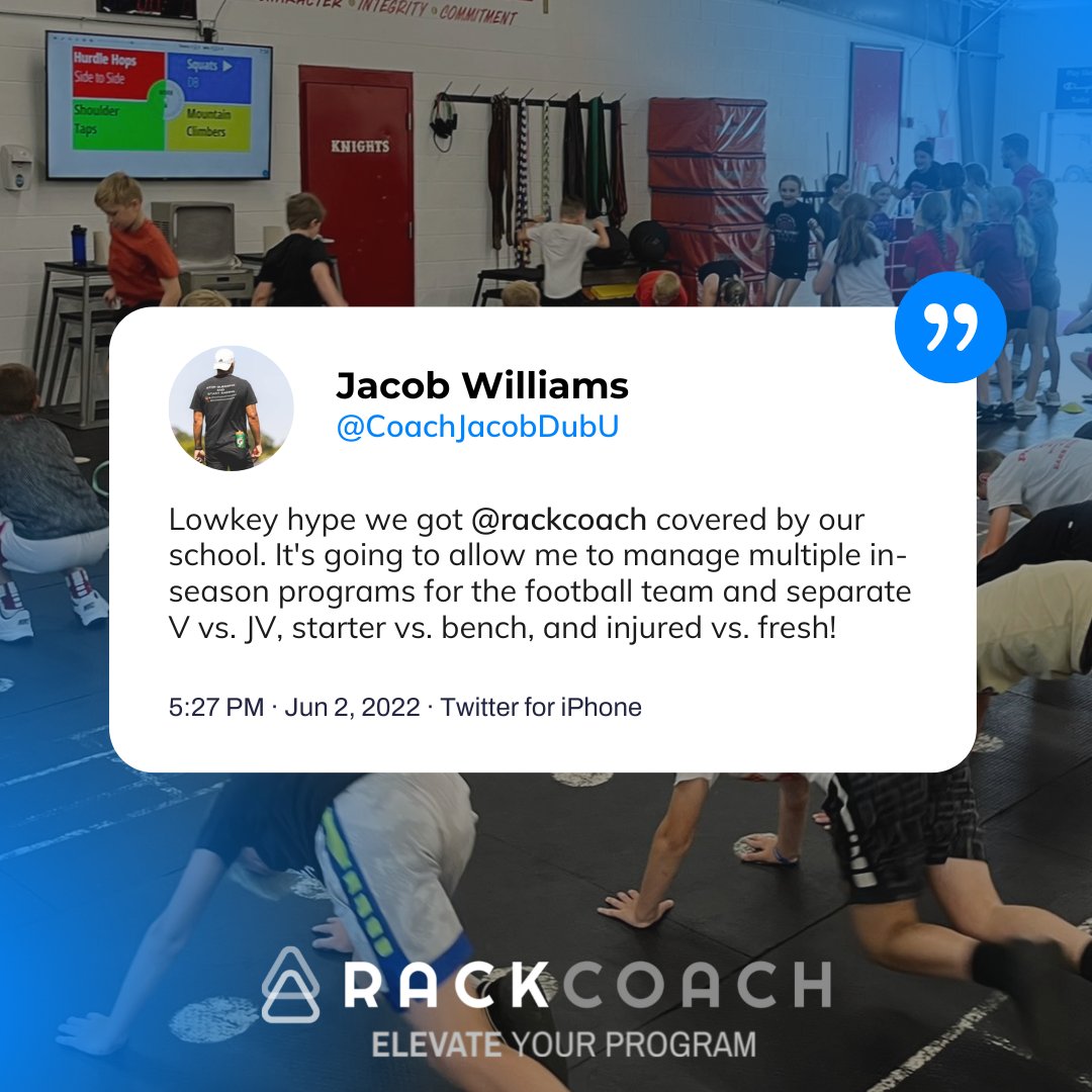 'Lowkey hype we got Rack covered by our school. It's going to allow me to manage multiple in-season programs for the football team...' 🔥 🔗JOIN US. Get started: rackcoach.com #ElevateYourProgram | #JoinUs