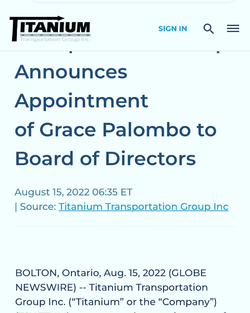 gracepalombo's tweet photo. Pleased to share that effective Sept 1st, I will be joining the Board of Directors for the Titanium Transportation Group Inc. https://t.co/PIvFbO5A9C