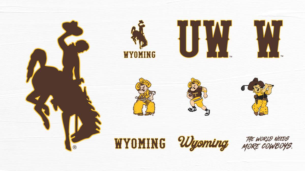 college_logos's tweet photo. Here's most of the logos for Wyoming's current athletics brand. The UW &amp; W marks are slightly different. Pistol Pete is the same but FB- &amp; golf-specific Pete's are revised. A Script Wyoming has been introduced. https://t.co/iTx8thkqYj