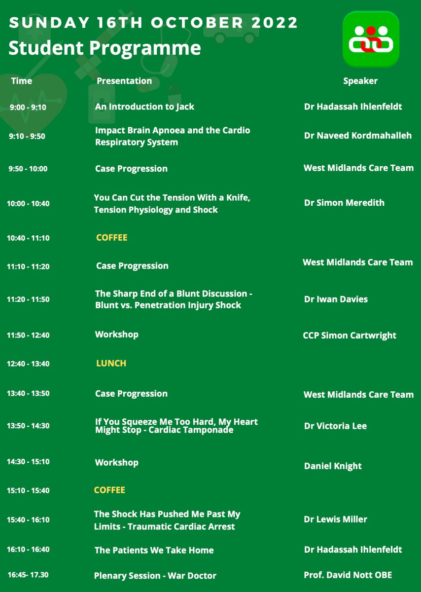 TraumaCare Conference 2022 student programme! 
Throughout the day you will meet and follow Jack who is having a pretty shocking day. 
A set of incredible speakers to guide you through Jack’s journey 
Sign up now. 
<a href="/TraumaCareUK/">Trauma Care Charity UK</a> <a href="/wmcareteam/">WM CARE Team</a> <a href="/WMFSBournbrook/">Bournbrook Fire Station</a> 
#Trauma  #PHEM #EM