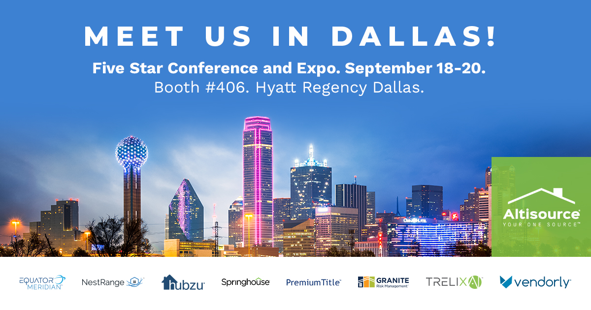 Altisource's tweet image. Mark your calendars! Altisource will be attending the Five Star Conference and Expo, September 18-20 in Dallas, Texas! Come meet with members of Equator Meridian, Hubzu, Granite, Springhouse, TrelixAI, RentRange, Vendorly and NestRange. Scheudle a meeting: bit.ly/3dwWcWx