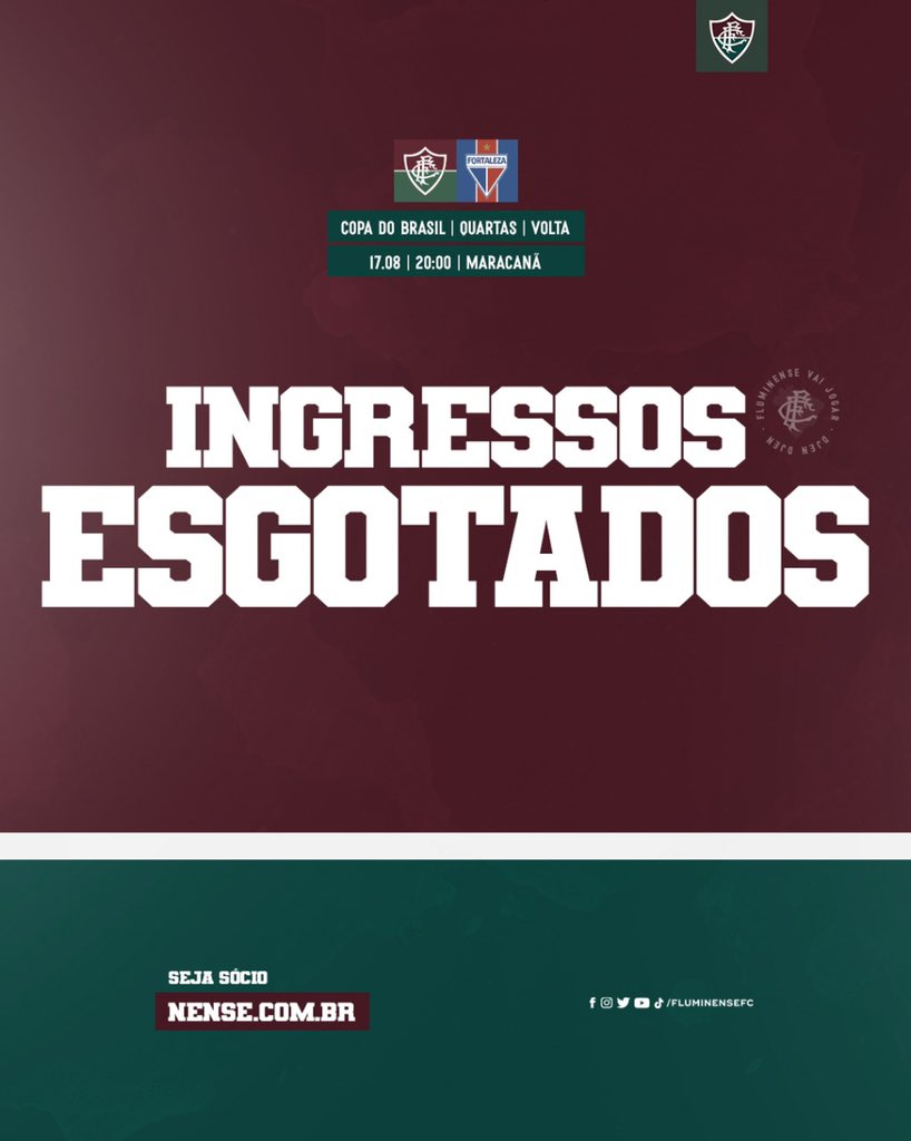FluminenseFC's tweet photo. INGRESSOS ESGOTADOS PARA A DECISÃO DE AMANHÃ! VAMOS, FLUMINENSE! https://t.co/ZQfHDZRZlS