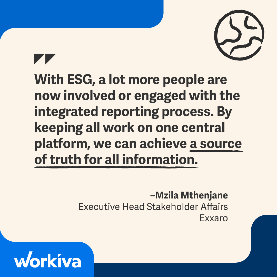 Workiva's tweet photo. Find out how @ExxaroResources built a sustainable integrated reporting process on the Workiva platform with @BastionGroup: https://t.co/gXimb6yS0G
#TeamBastion #WorkivaCustomer #ESG #Sustainability https://t.co/vYhzDxOeJJ