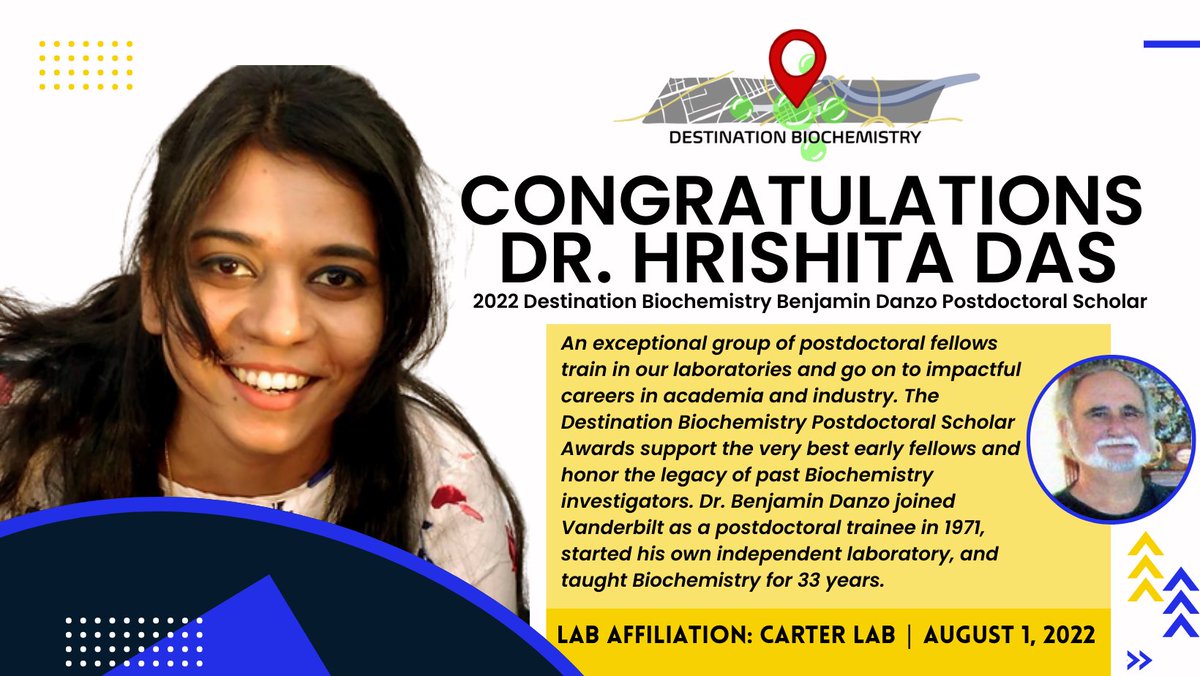 🎉Congratulations to Dr. Hrishita Das, member of the Carter lab, for being selected as the first Destination Biochemistry Early-Career Postdoctoral Scholar! The next deadline to apply for this award is October 1st!
