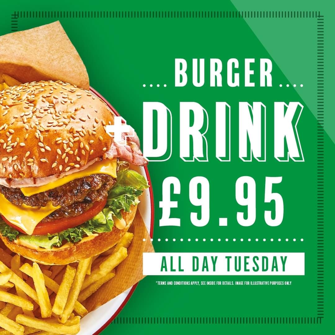 Burger and a drink for only £9.95!

With a choice of:
🐄Classic beef 
🤠Cowboy
🍗Classic chicken
🐔BBQ chicken
🧀Veggie

Upgrade for £1:
🐓Ultimate Southern Fried Chicken 
🍔Ultimate Beef

🍺Carlsberg, Strongbow, Cask Ales
🍷Hardys Red, White or Rose
🥤range of soft drinks