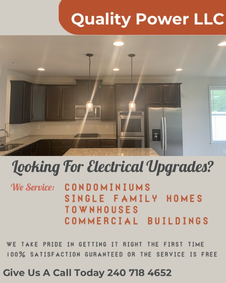 Looking to upgrade your electrical devices/equipment?

Let Quality Power help you with your investment!

Give us a call today at 240 718 4652 for a free estimate 

#qualitypower #dmv #electrician #renovations #light #installation #ledlights #dmv