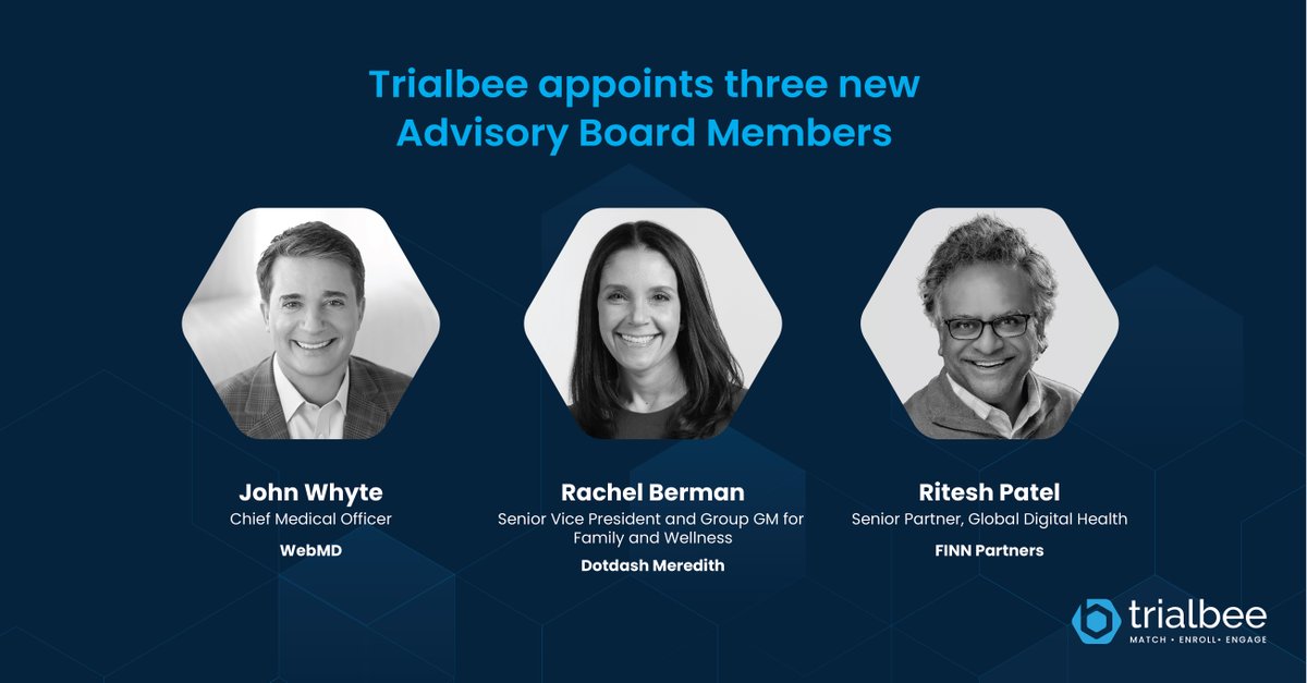 Trialbee's tweet photo. We are thrilled to welcome @dotdashmeredith Digital Content Leader @RBBermanRD, Digital Healthcare Evangelist @ritters90, and @WebMD CMO, @drjohnwhyte to our Advisory Board!

Read our latest press release to learn more about what brings them to Trialbee: https://t.co/EgSbpWLZM0 https://t.co/3V7TyHDkb4