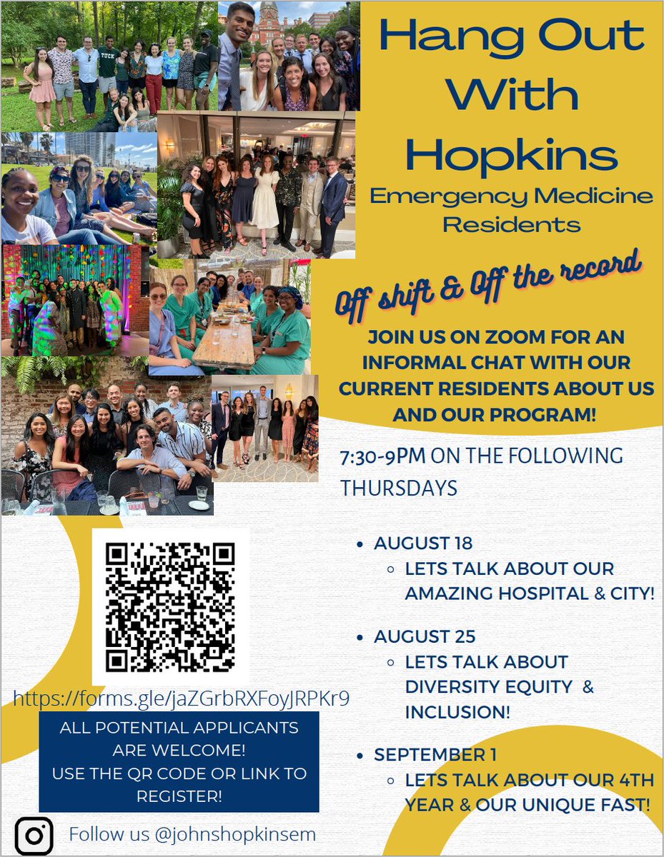 JohnsHopkinsEM's tweet image. 📣📢#match2023 EM applicants! Get to know our incredible residents &amp;amp; learn more about life at Hopkins! We can’t wait to meet you! Thursdays 7:30-9:00 PM EDT on Zoom - register at link or QR code👇#embound #match23 @SAEM_RAMS @emresidents @AAEMRSA @CDEM_SAEM