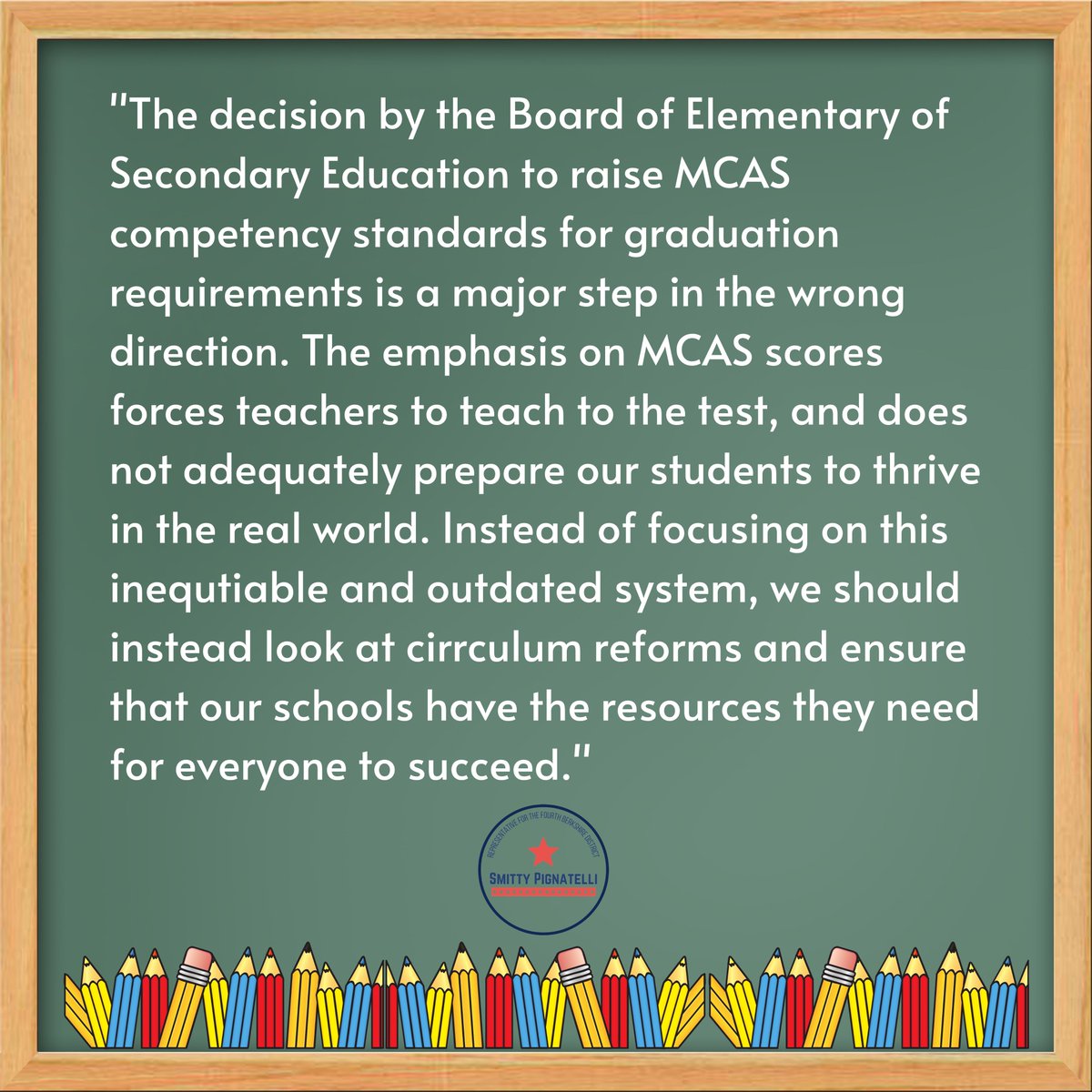 repsmitty34's tweet photo. My statement on the Board of Elementary and Secondary Education's decision to raise MCAS standards as a requirement for graduation: https://t.co/9XYF9LDHIW