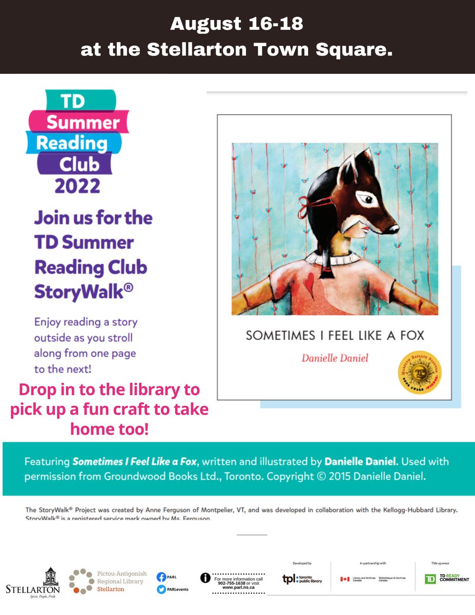 PARLevents's tweet photo. #TDStoryWalk at #StellartonLibrary this week!
Drop by daily August 16-18 for a self-guided StoryWalk display, "Sometimes I Feel Like a Fox" by Danielle Daniel, outside at #StellartonTownSquare next to the Library.
Drop by the library to pick up a cute craft too!
@StellartonTown https://t.co/N6J4RAItPk