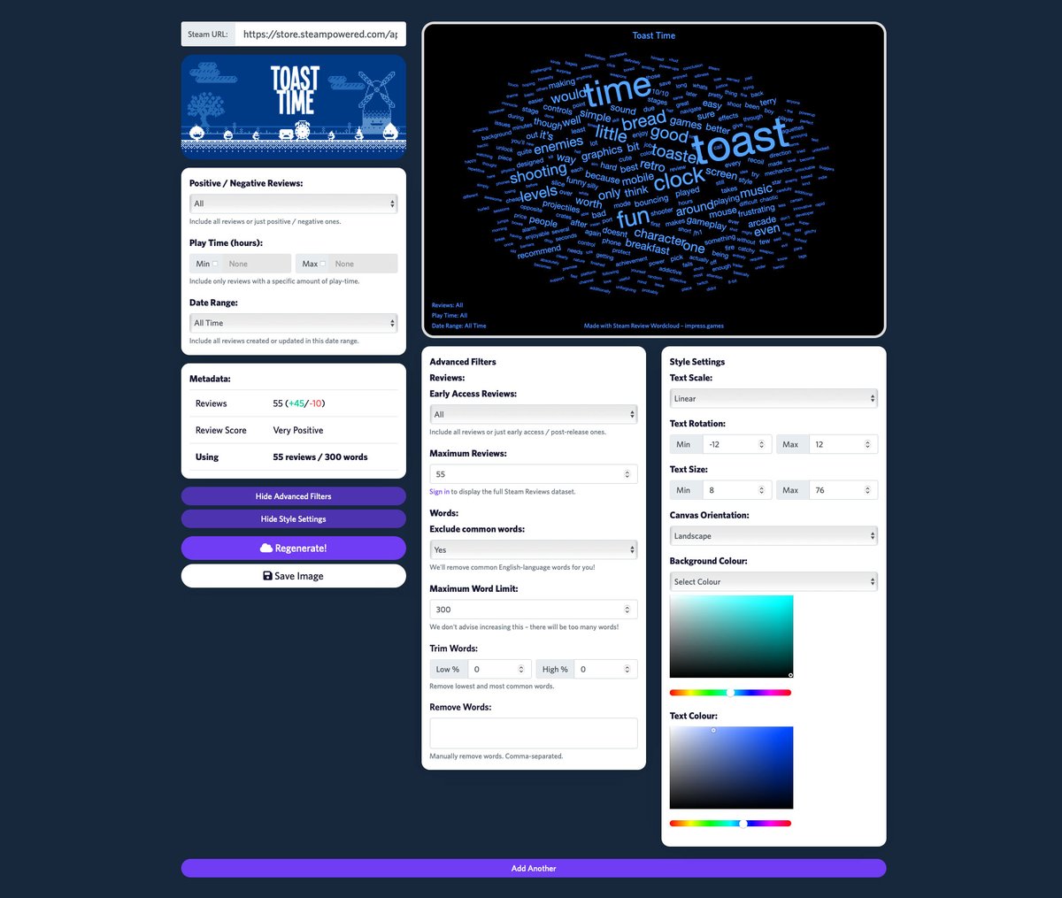 So, I’ve been building a Steam Review sentiment / word cloud tool!

You can filter by positive/negative reviews, play time and review date – and customise all the colours too! 🎨
