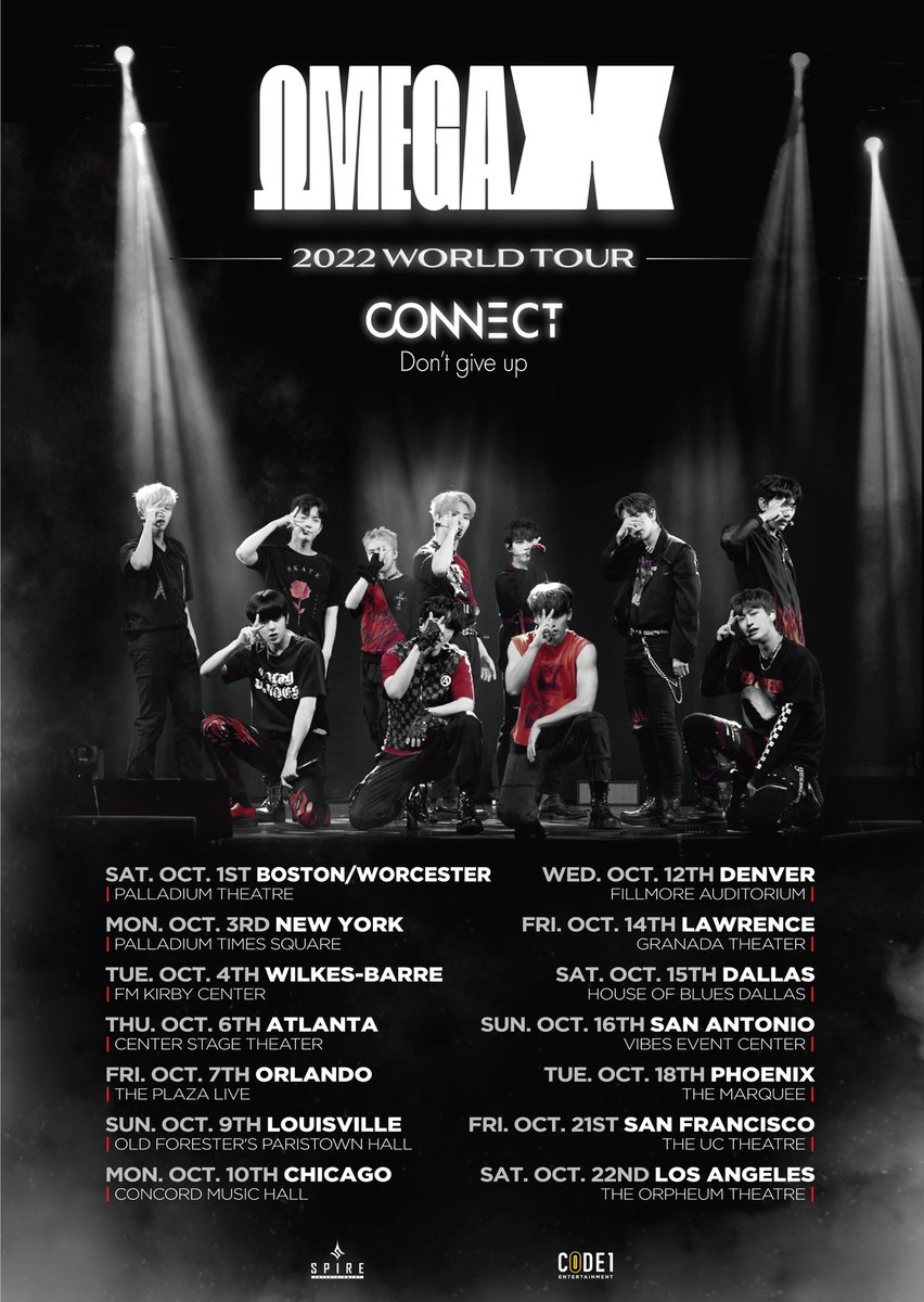 2022 OMEGA X WORLD TOUR
[CONNECT :Don't give up]
⠀
NORTH AMERICA TOUR SCHEDULE
⠀
🎫 Tickets on sale
Thursday AUG 18, 2022 EST 5:00PM LOCAL TIME
⠀
#OMEGA_X #오메가엑스
#CONNECT #Dont_give_up
#AMERICA_WORLDTOUR
⠀