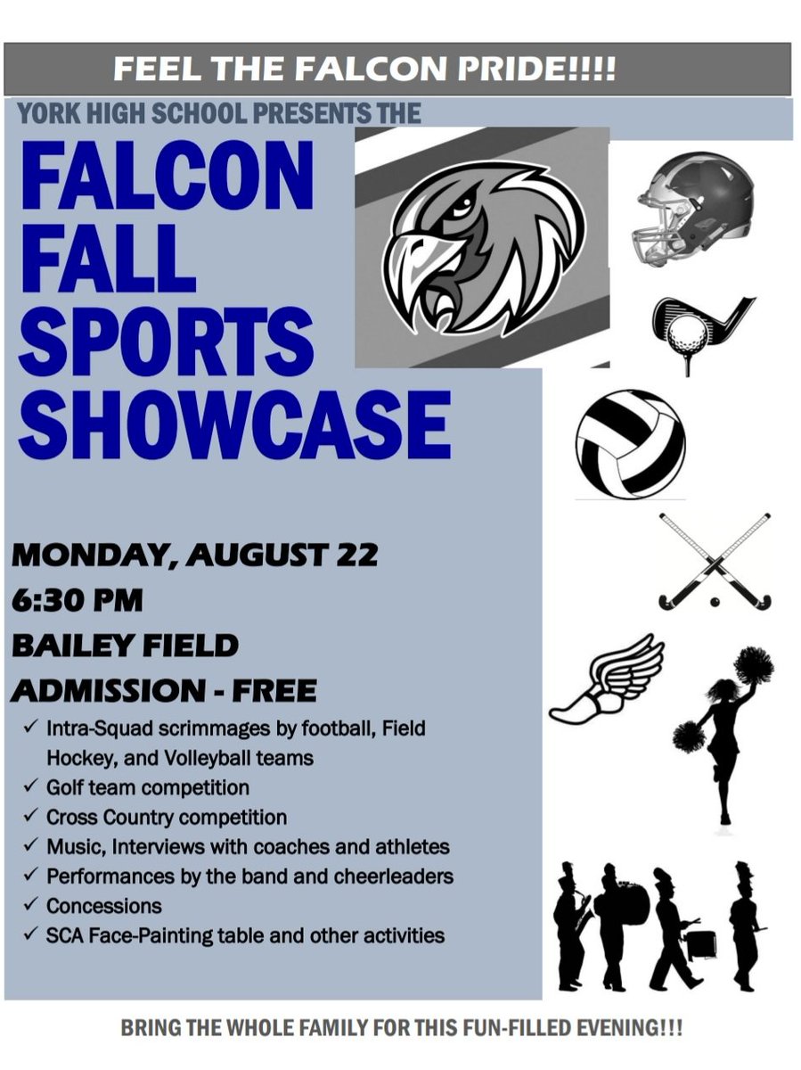 John Ashley (@yorkhsad) on Twitter photo Are you ready to have some fun and show off that #falconfam spirit? Come out and join us on Aug 22.
<a href="/YorkFalcons/">York Falcon Sports</a> <a href="/YHSFootball/">YorkHighFootball</a> <a href="/YorkFieldhockey/">York Falcons FH</a> <a href="/YorkFalconVB/">York Volleyball</a> <a href="/yorkhighcomp/">York High Competition Cheer</a> @yhs_falcons <a href="/YorkBooster/">York High School Athletic Booster Club</a> Are you ready to have some fun and show off that #falconfam spirit? Come out and join us on Aug 22.
<a href="/YorkFalcons/">York Falcon Sports</a> <a href="/YHSFootball/">YorkHighFootball</a> <a href="/YorkFieldhockey/">York Falcons FH</a> <a href="/YorkFalconVB/">York Volleyball</a> <a href="/yorkhighcomp/">York High Competition Cheer</a> @yhs_falcons <a href="/YorkBooster/">York High School Athletic Booster Club</a>