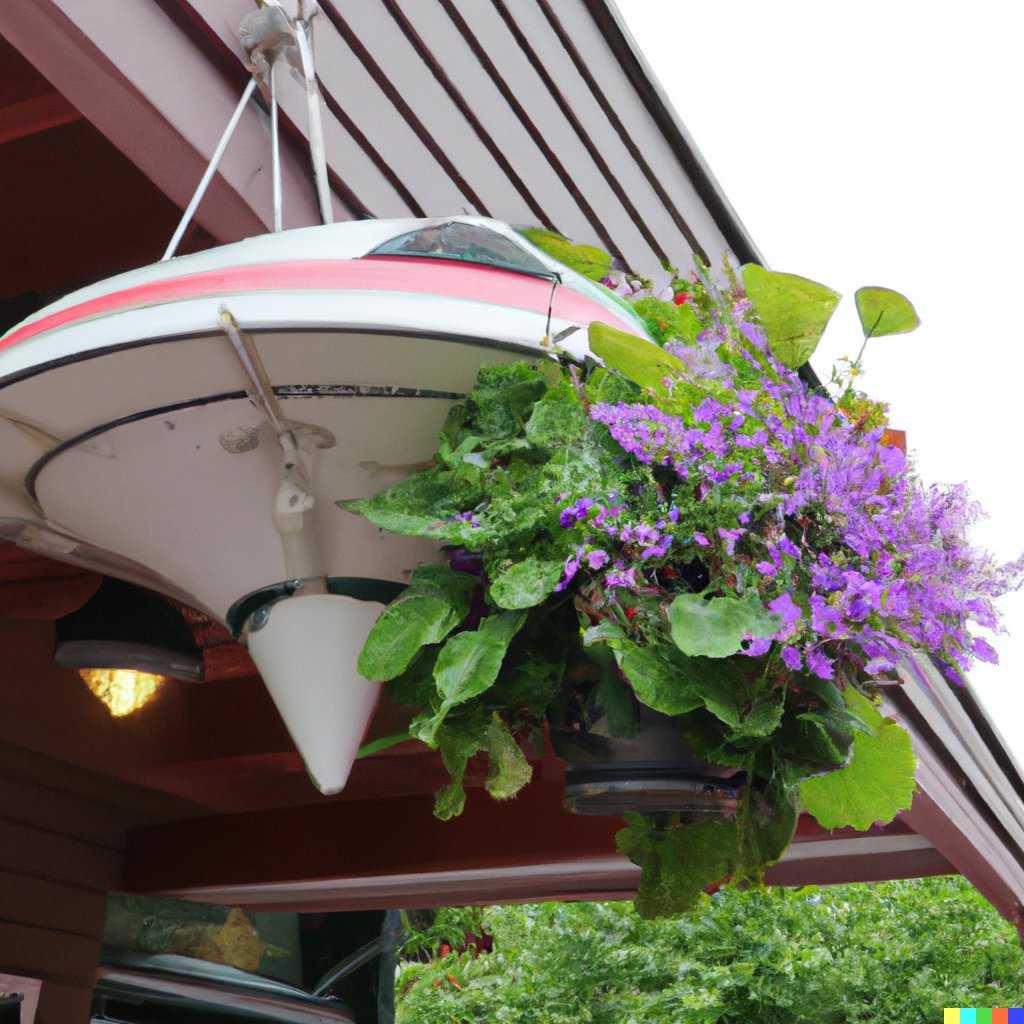 peterjbentley's tweet photo. Old spacecraft make lovely hanging baskets. #sciencefiction #sixwordstory by @peterjbentley, illustration by #dalle2. https://t.co/PXmlaoIEM8