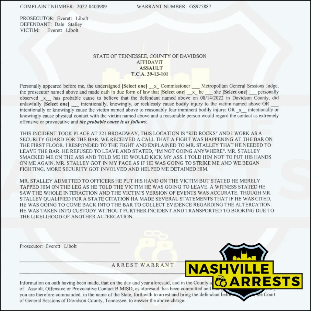nasharrests's tweet photo. Dale Stalley of #BaltimoreMD, was booked into the Metro Nashville Jail on August 14th, charged with assault. A judicial commissioner set his bond at $1,000, and the Davidson County Sheriff’s Office gave him pre-trial release from their facility #VisitMusicCity https://t.co/ldHke1k1d5
