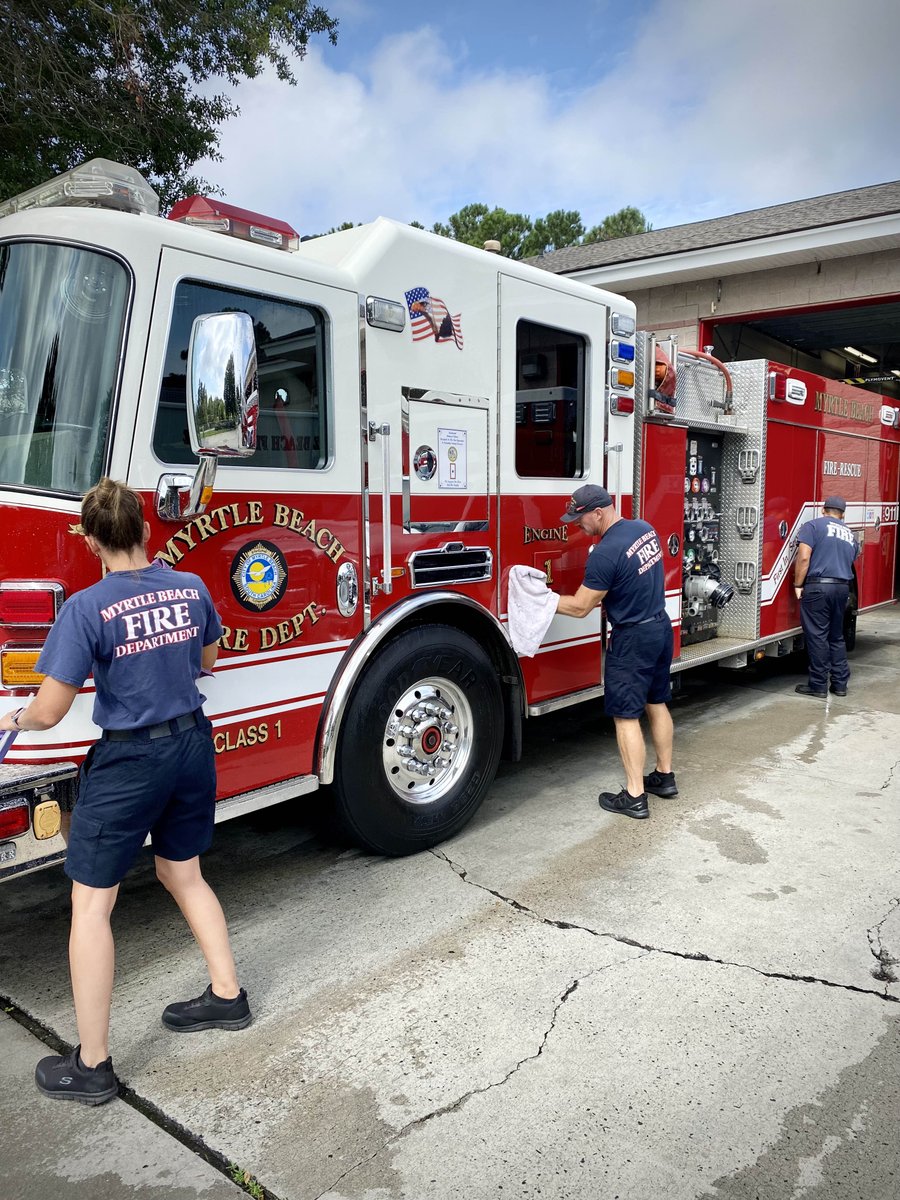MyrtleBeachFire's tweet photo. This may seem like a simple truck wash, but look closer. This is a family working together and taking pride in the equipment that may save someones life. Great job Station 1! #earnit #itsthesimplethings #team #pride #mbfd https://t.co/UnowvQqJX6