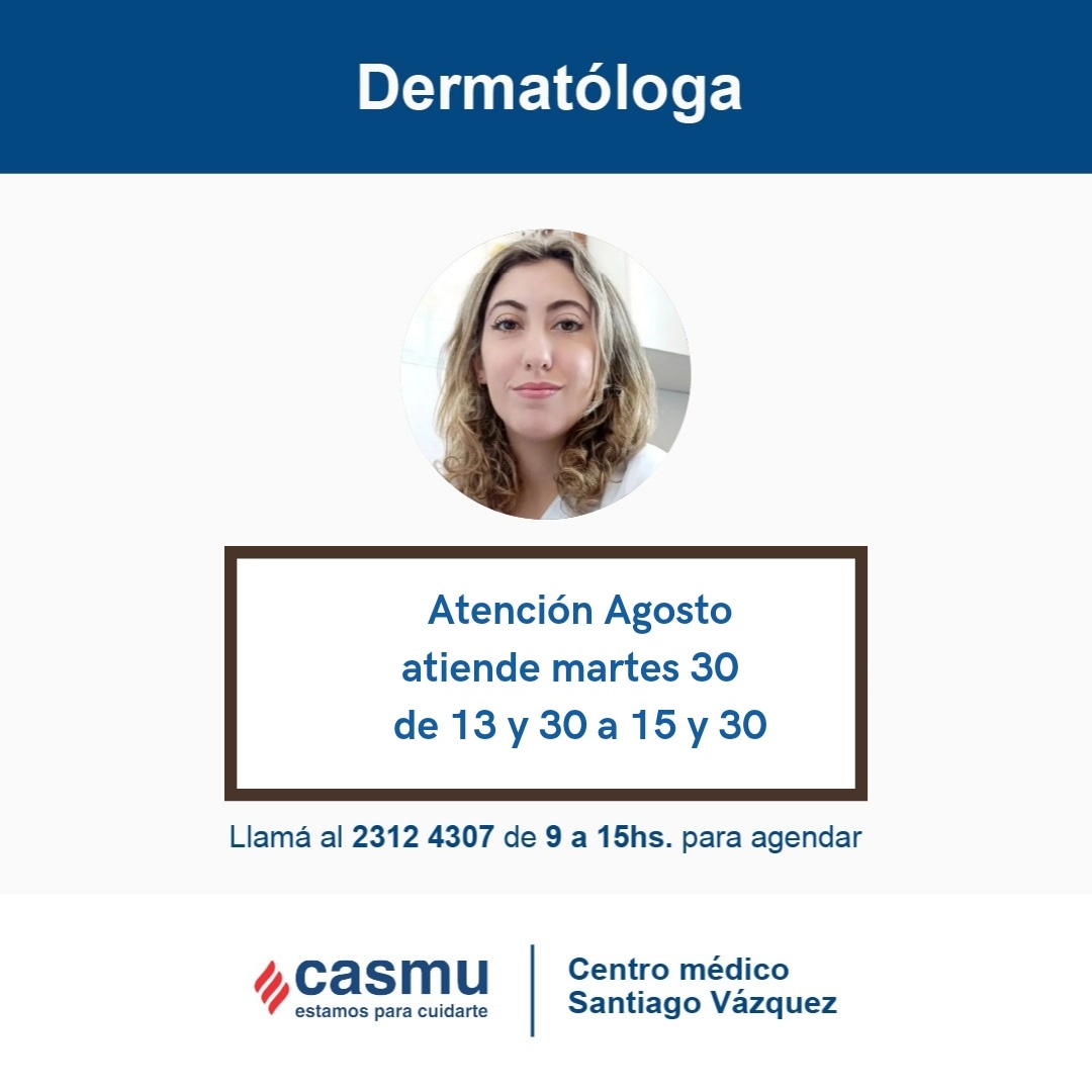 casmuejeoeste's tweet image. Éste mes de agosto hay policlínica de Dermatología en Montevideo, Santiago Vázquez. Los buses te dejan en la puerta! #estamosparacuidarte #dermatologia #oestedemontevideo #cssmuejeoeste #casmu