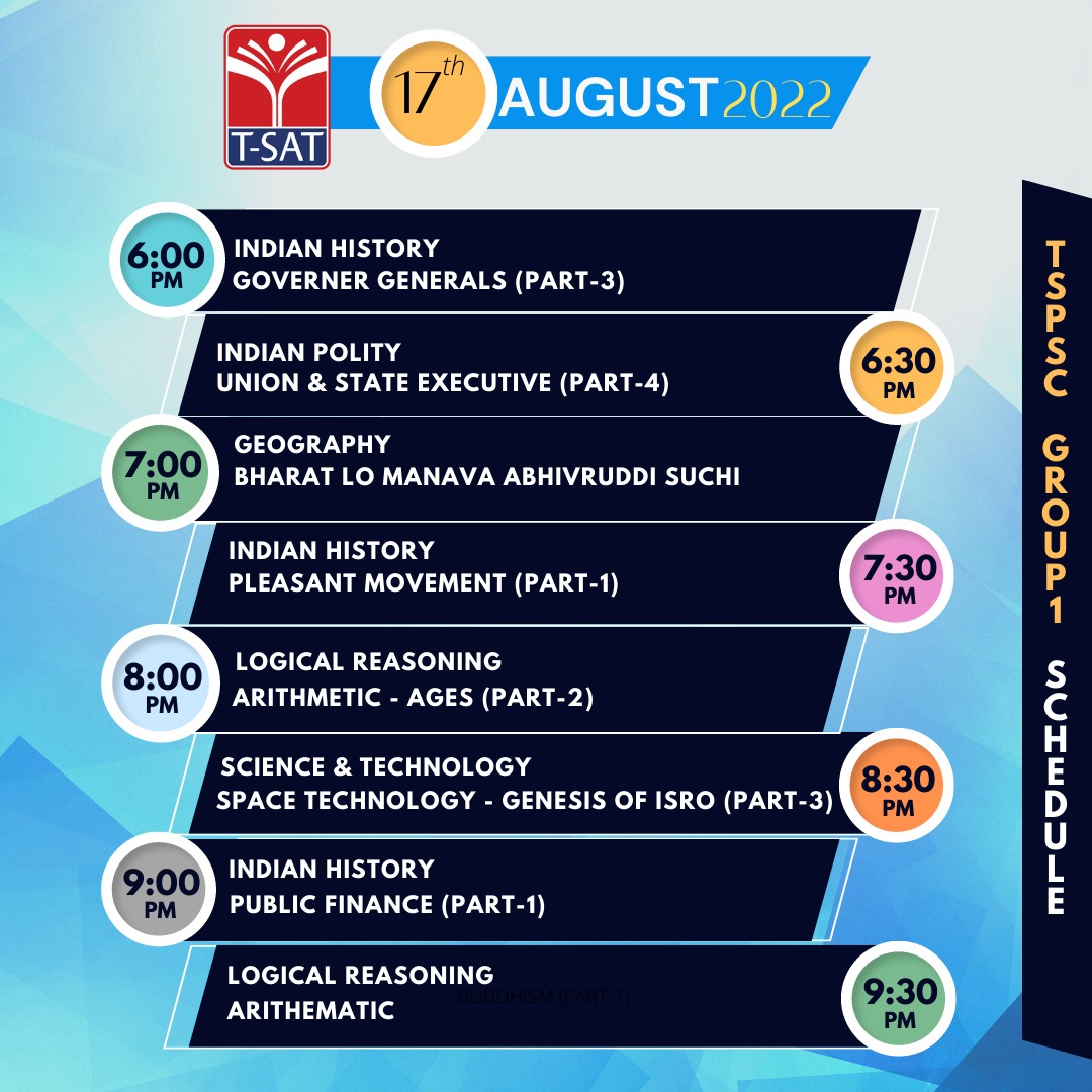 TSATnetwork's tweet photo. ๐ด TSPSC Group-1 Classes Telecast Timings - 17th August 2022
#TelanganaTSAT
#Group1Classes https://t.co/qvl3DH59AQ