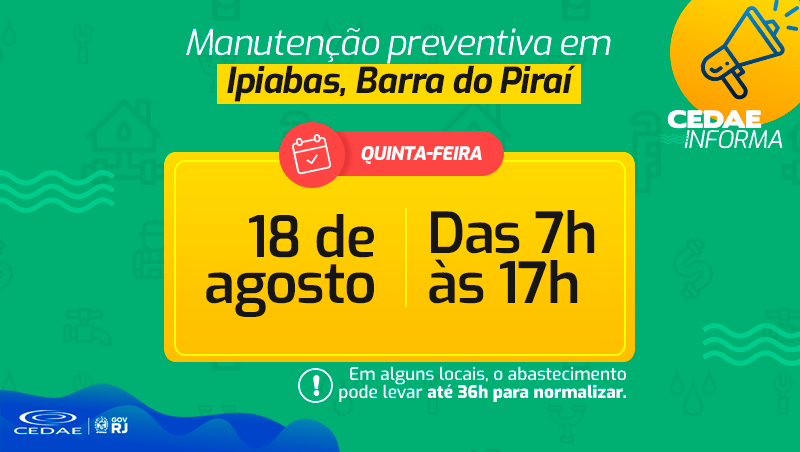 CedaeRJ's tweet photo. 🚧 Nesta quinta (18), das 7h às 17h, faremos manutenção no sistema de abastecimento de água de #Ipiabas, em Barra do Piraí. Para executar o serviço de limpeza da barragem e do poço de captação de água bruta, será necessário interromper temporariamente o abastecimento. https://t.co/VBJUF0qmsr