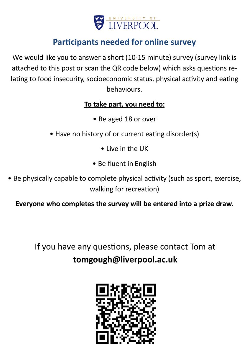 We're currently recruiting participants to complete a 10-15 online survey investigating physical activity and eating behaviour. Check the eligibility criteria below before completing. Respondents will be entered into a prize draw. Please RT! Survey: livpsych.eu.qualtrics.com/jfe/form/SV_cA…