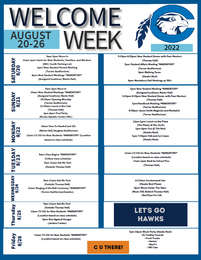 #WelcomeWeek is nearing. Student Affairs has some fun things planned for your return. New students move in Aug. 20th, returning students on Aug. 21st. 
 
More details at chowan.edu/checkin.