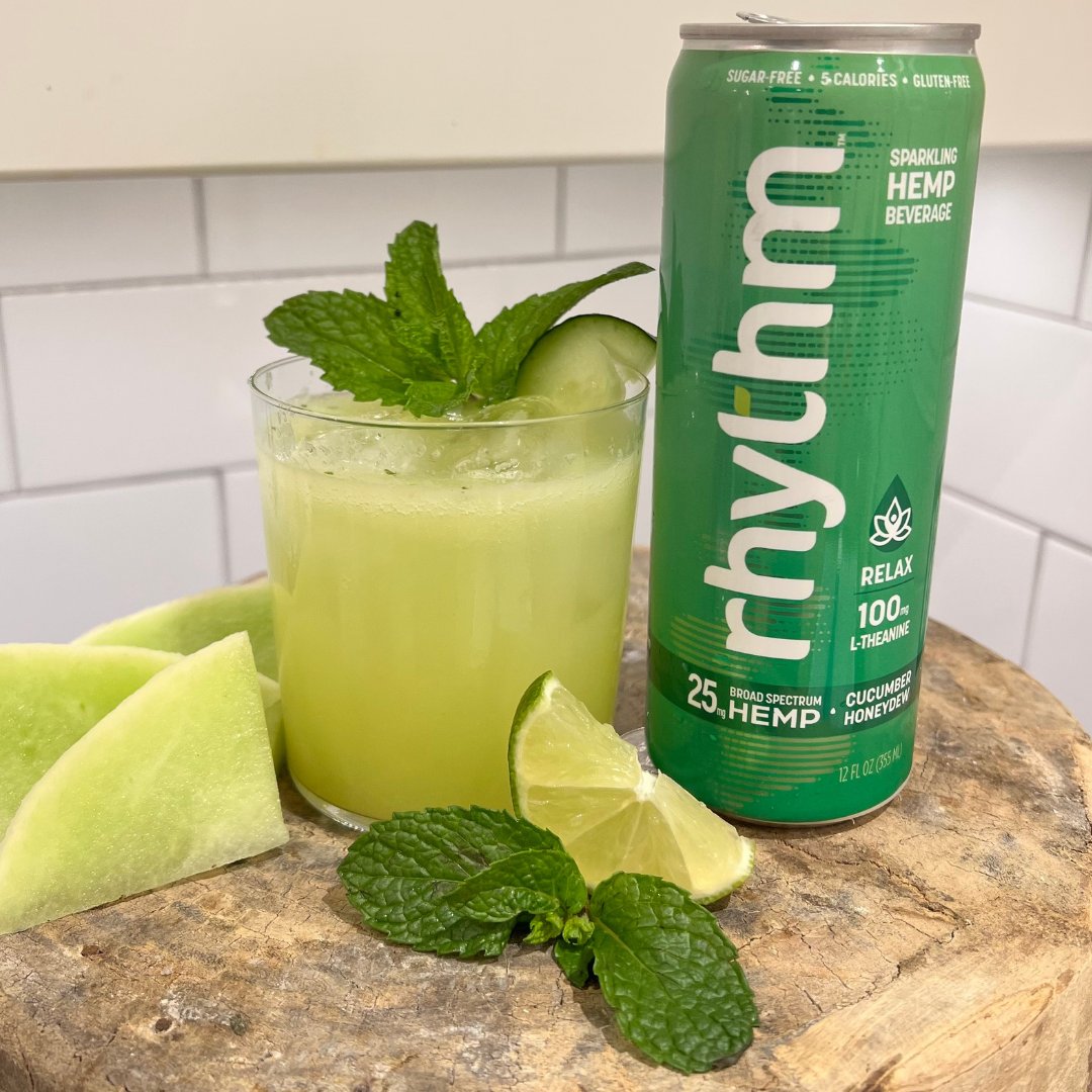 drinkrhythmCBD's tweet photo. Happy National Rum Day!🍹

Cucumber Honeydew Mojito

Muddle together in a shaker:
- 1/4 lime
- 6 thin cucumber slices
- 2 mint leaves

Add 1.5oz white rum of choice

Shake and strain over ice

Add:
- 3oz honeydew purée
- 4oz Rhythm Relax

Stir, garnish with mint leaf and enjoy! https://t.co/fNhQ46TTrc