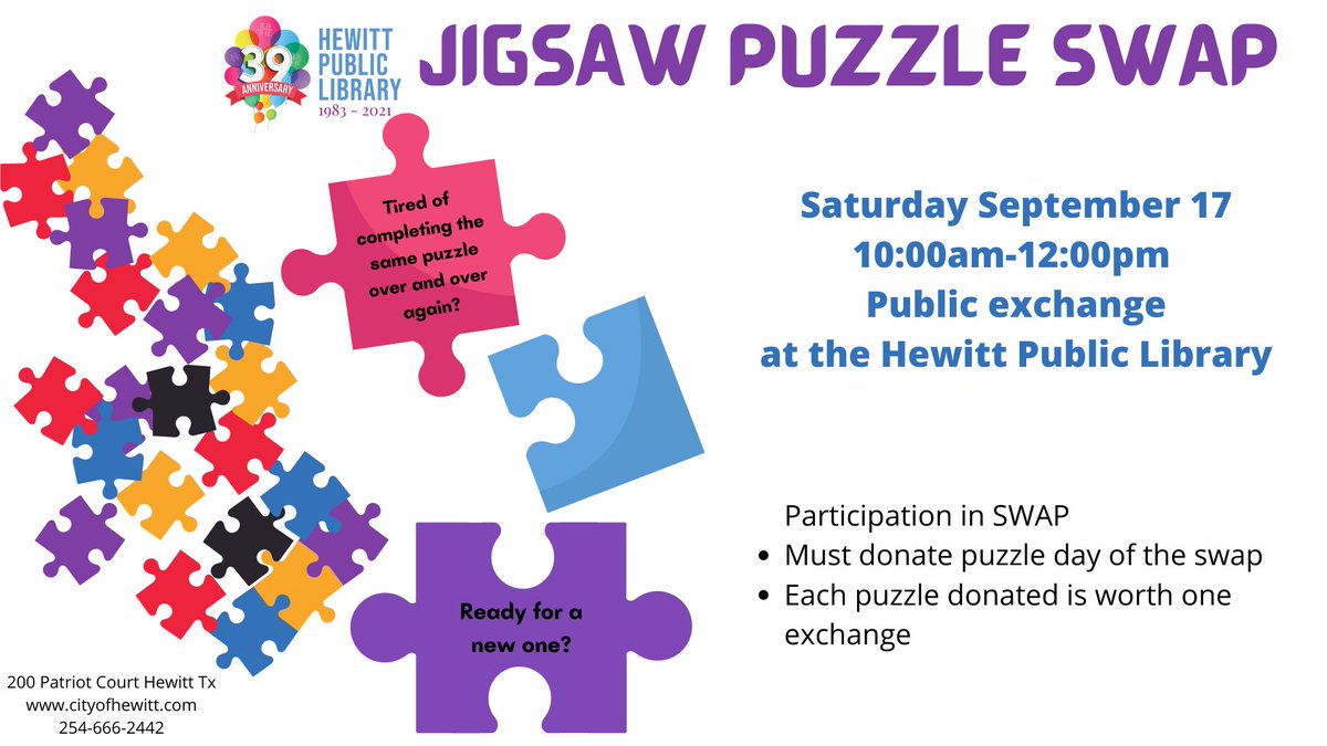hewittlibrary's tweet photo. We have a puzzle swap happening here on Saturday the 17th of September from 10AM-12:00PM. For every puzzle you bring you get to swap out for a new puzzle! Let someone else find enjoyment in your beloved puzzles while you experience a new one! https://t.co/bcS2SC3zwQ