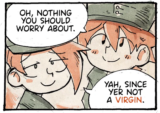 It's getting harder to decide color palettes for the Lotta Svärd-chapters, but the next one will have green &amp; orange-theme. The paper texture is here to stay.
I also switched the font from Komika to Ames for more pleasant reading experience. Chapter 23 coming later this month! 