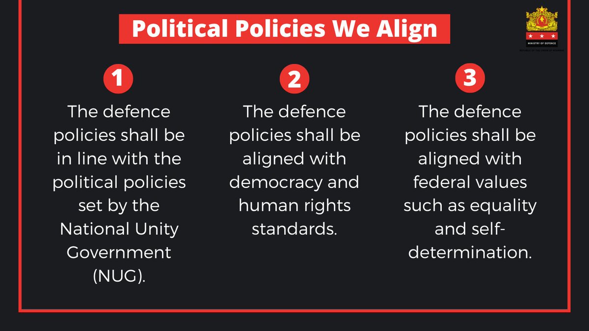 mod_nug's tweet photo. As the Ministry of Defence of @NUGMyanmar, we have the core principles that we firmly base on and practice. Please see a snippet of our principles as following;
You may read more on our website too https://t.co/jFvshC7953
#NUGPolicy #MOD #JusticeWillPrevail #NUGMyanmar #Myanmar https://t.co/4mNjl1ndp1