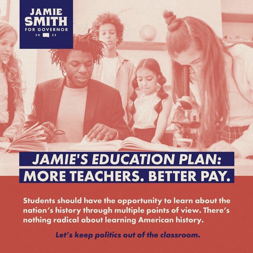 JamieSmith_SD's tweet photo. Education is the subject today’s #TopicTuesday.

As a former teacher, I know the struggle of educators. Currently, our state has a 500 teacher shortage and ranks 50th in pay. That is unacceptable.

As Governor, I will restore respect for our schools and school employees. https://t.co/kir5PtzTqK