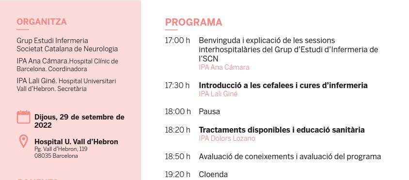 SCatalanaNeuro's tweet photo. 🗓️🧠El 29 de setembre a les 17h, el Grup d’Estudi d’Infermeria @SCatalanaNeuro @Lali_GinCi @acamaralorenzo organitza la seva sessió interhospitalària "L’abordatge infermer del pacient amb migranya".
Programa i inscripcions al link 👇
🔗https://t.co/p20KANXWIN https://t.co/jPK9vnwwzs