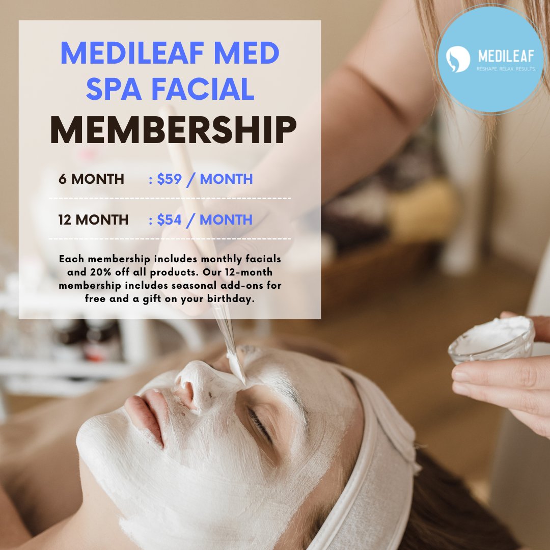 MedileafSpa's tweet photo. Our facial memberships are split into either six months or twelve months with either $59 or $54 coming out each month on the same date. If you choose to skip a month, no worries! All facials roll over and never expire.
.
.
.
#medileaf https://t.co/61ltg1qGIl