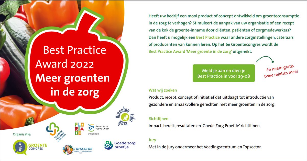 #groente, #congres, #GoedeZorgProefJe | Heeft jouw bedrijf een sterk product, recept of concept ontwikkeld waardoor meer mensen groenten eten in de zorg? Meld je best practice nu aan en maak kans op de Best practice award ‘Meer groenten in de zorg’ > groentenfruithuis.nl/groentecongres