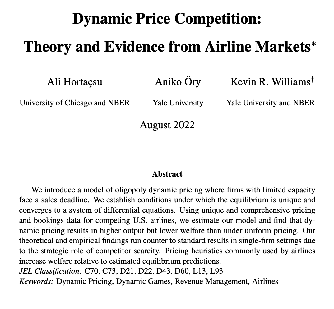 YaleCowles's tweet photo. 📢New Paper📢 What are the welfare effects of dynamic pricing in oligopoly markets? 
 
New theoretical insights and empirical estimates for the airline industry: https://t.co/w0CSzuTb5h

By Ali Hortaçsu (@UChi_Economics), @AnikoOery (@YaleSOM), &amp; @mrequalsmc (@YaleSOM) https://t.co/Sbm9qBouZY