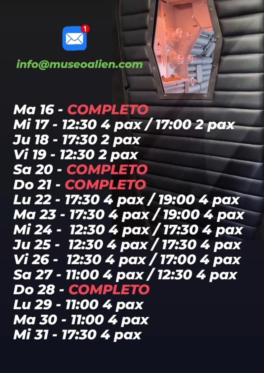 Luisnostromo's tweet photo. Los que querrais venir en Agosto al Museo aquí teneis las horas libres ahora mismo. 
Se está llenando rápido !!

info@museoalien.com
https://t.co/uPCYbmBxd4 para más info

#Alien #Xenomorph #museoalien https://t.co/wgNIa8sidi