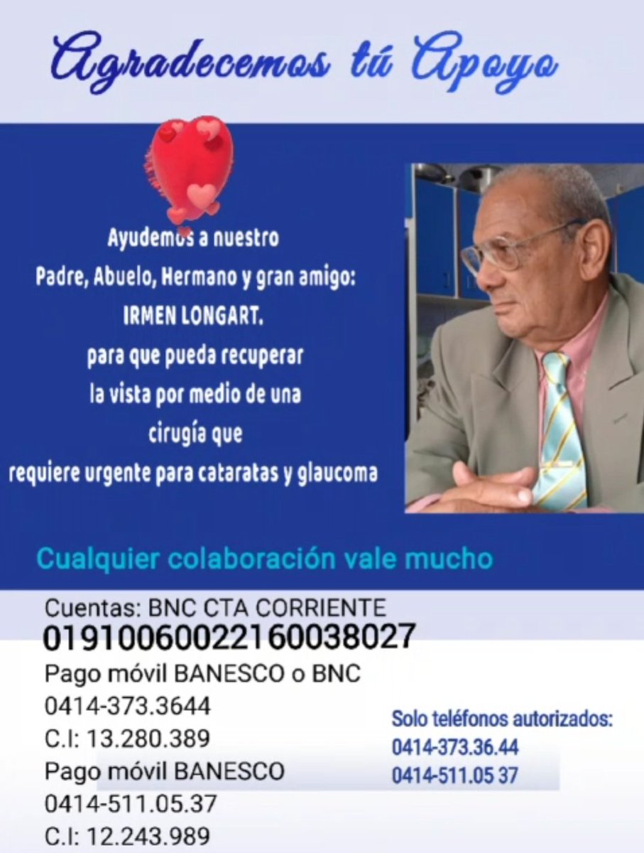 Klongart's tweet photo. #ServicioPúblico Hoy requiero ayuda para un tío muy querido. Necesita operarse la vista y la cirugía en Barquisimeto cuesta $2800 (cada ojo).  Estamos buscando, al menos, poder operarle uno de ellos.
Un RT puede ser de gran ayuda https://t.co/COdmVHLDcl