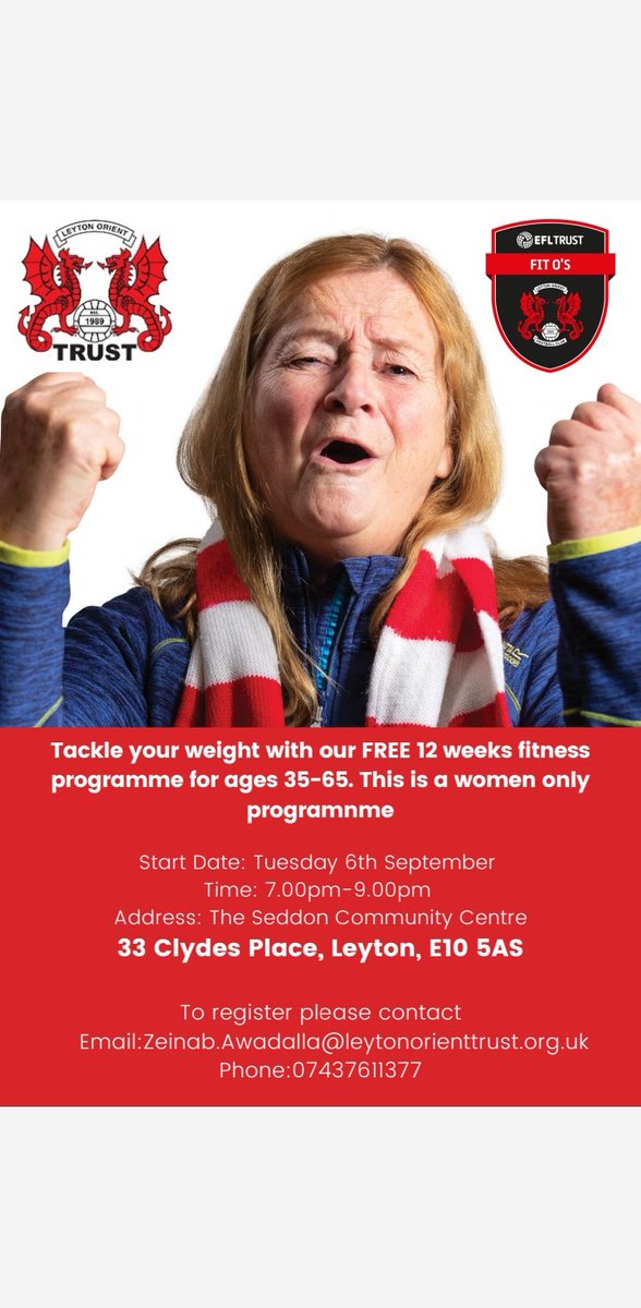 Get in touch to secure your place on our next FREE women's Fit O's 12-week health & fitness programme. Starting Sep 6th at Seddon Centre,Leyton. Text/email today! @EFLTrust @wfcouncil @LOWalkingFC